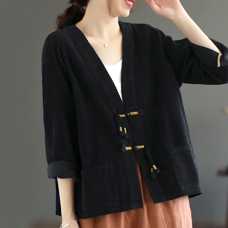Buddha Stones Women's Cotton Long Sleeve Corduroy Jacket With Pockets - Black - US12，UK/AU16，EU44 (2XL) - image 15