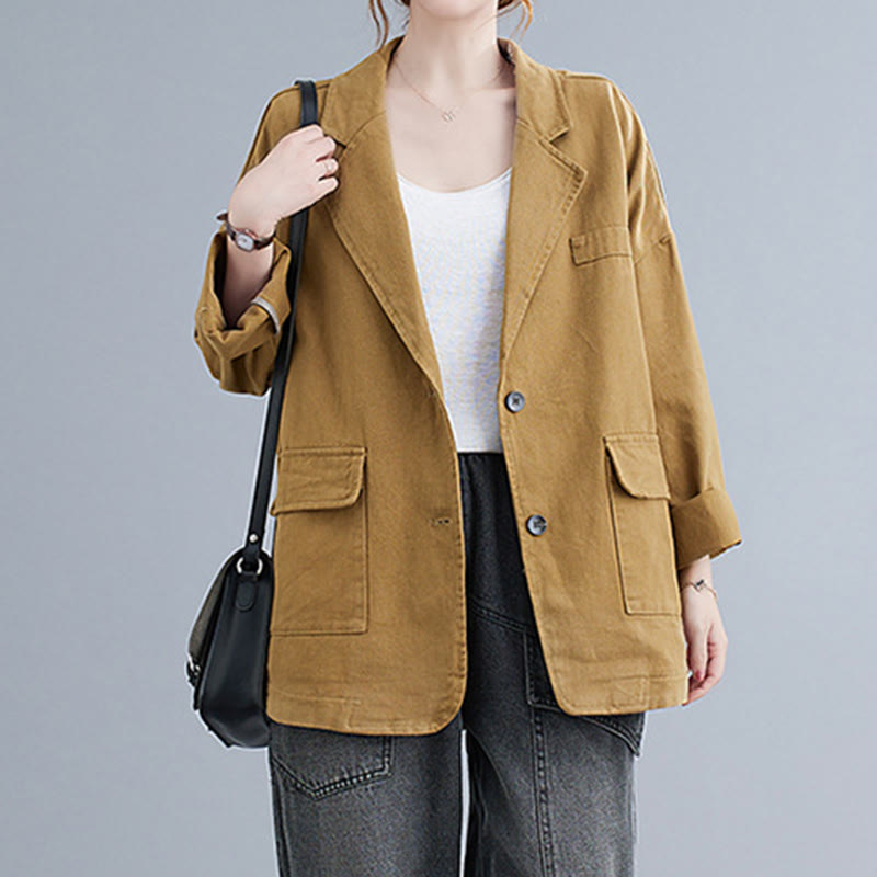 Buddha Stones Solid Color Women's Long Sleeve Cotton Blazer Jacket With Pockets - image 5