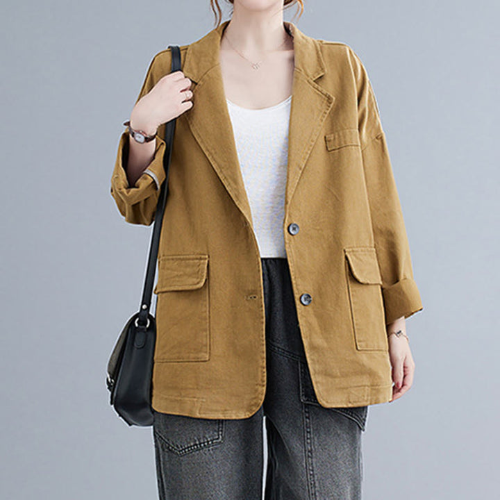 Buddha Stones Solid Color Women's Long Sleeve Cotton Blazer Jacket With Pockets - image 5