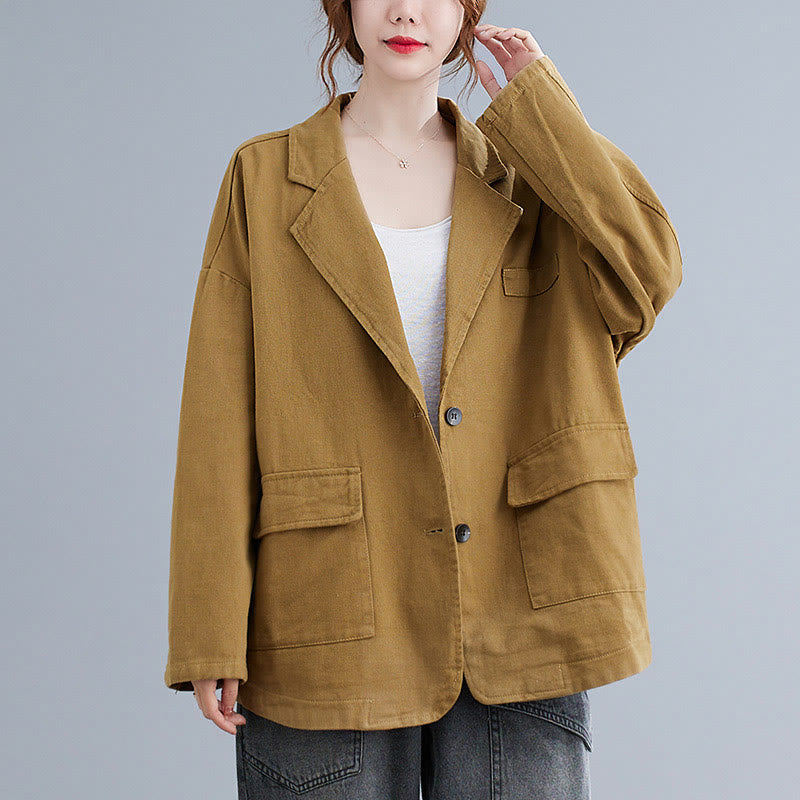Buddha Stones Solid Color Women's Long Sleeve Cotton Blazer Jacket With Pockets - Goldenrod - US14，UK/AU18，EU46 (2XL) - image 0
