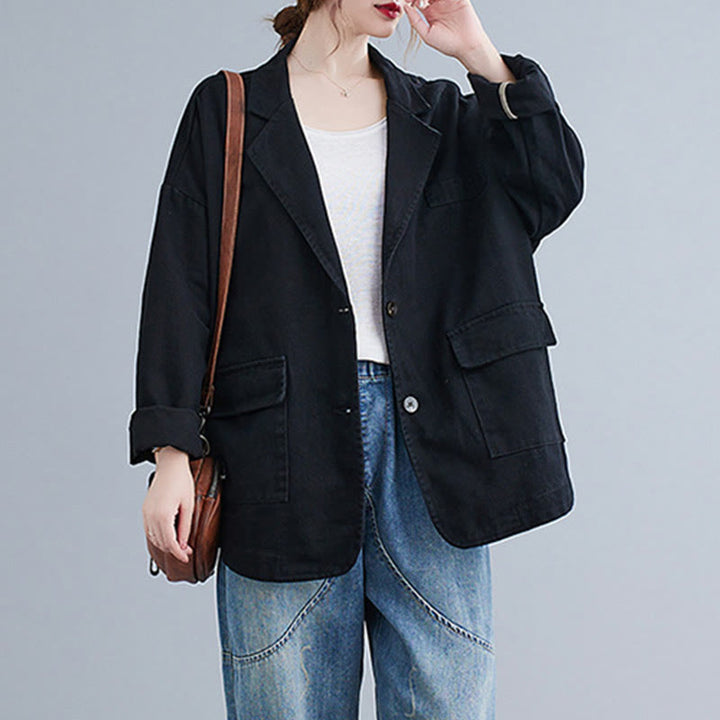 Buddha Stones Solid Color Women's Long Sleeve Cotton Blazer Jacket With Pockets - image 12