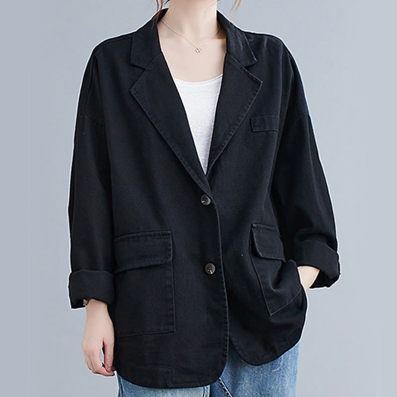 Buddha Stones Solid Color Women's Long Sleeve Cotton Blazer Jacket With Pockets - Black - US14，UK/AU18，EU46 (2XL) - image 10