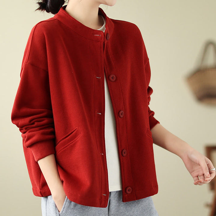 Buddha Stones Solid Color Women's Long Sleeve Jacket With Pockets - FireBrick - US14，UK/AU18，EU46 (2XL) - image 5