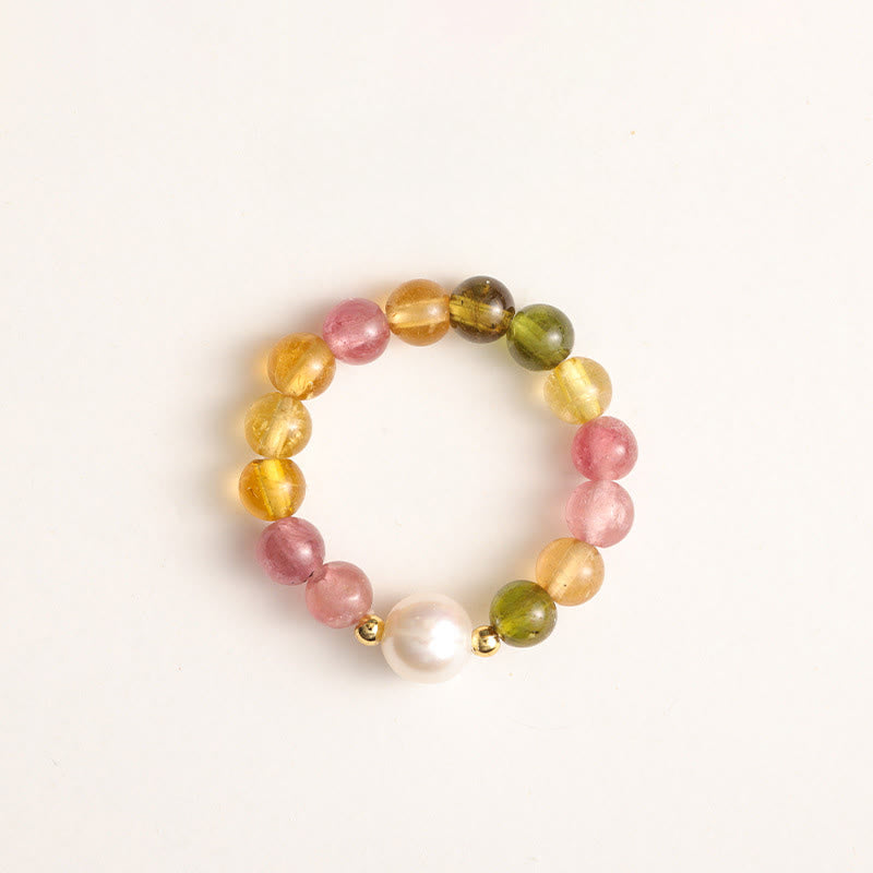 Buddha Stones Natural Tourmaline Lucky Pearl Pixiu Amber Positive Love Ring - Tourmaline & Pearl - image 0