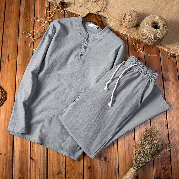 Buddha Stones Pure Color Cotton Linen Long Sleeve Top Pants Clothing Men's Set - DimGray - US/UK/AU44，EU54 (5XL) - image 8