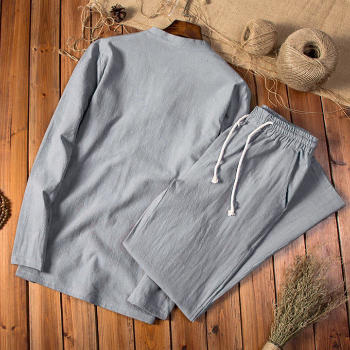 Buddha Stones Pure Color Cotton Linen Long Sleeve Top Pants Clothing Men's Set - image 9