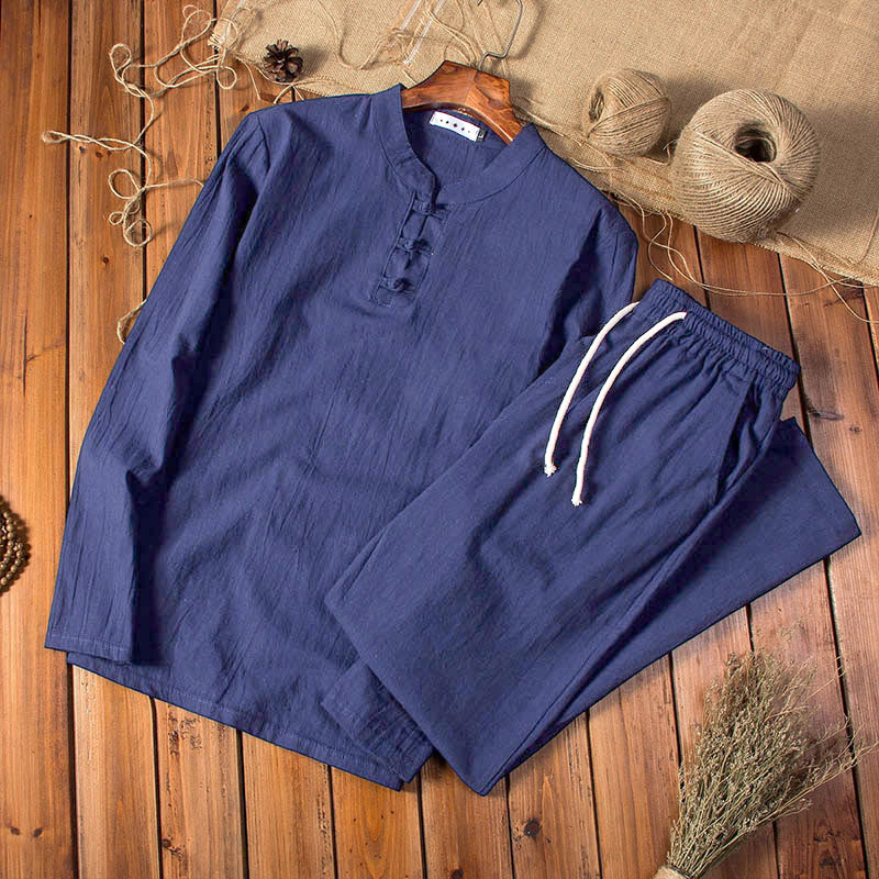 Buddha Stones Pure Color Cotton Linen Long Sleeve Top Pants Clothing Men's Set - MidnightBlue - US/UK/AU44，EU54 (5XL) - image 12