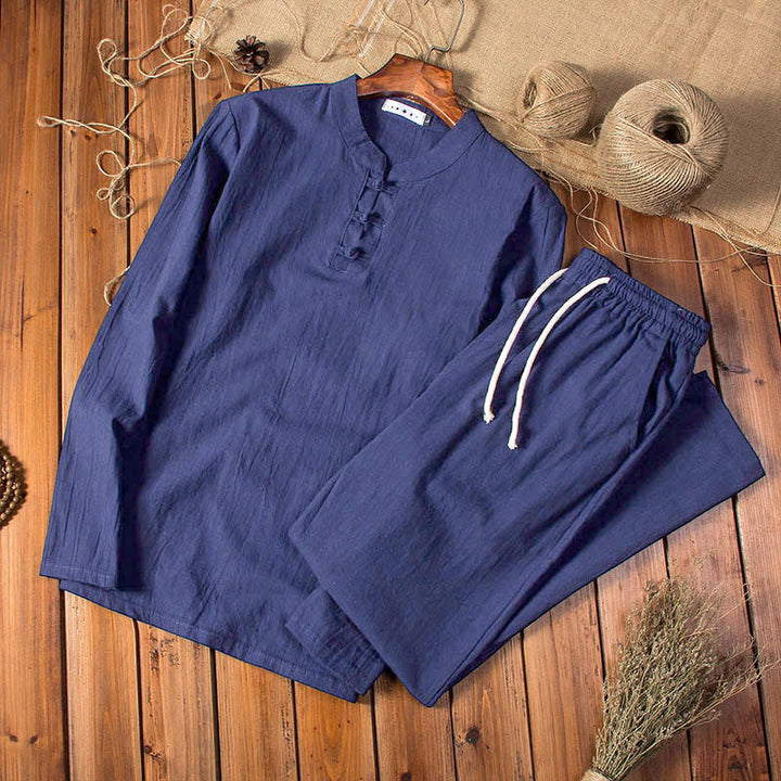 Buddha Stones Pure Color Cotton Linen Long Sleeve Top Pants Clothing Men's Set - MidnightBlue - US/UK/AU44，EU54 (5XL) - image 12