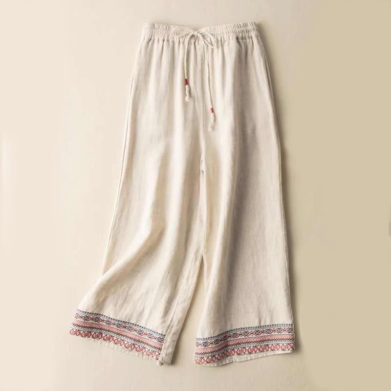 Buddha Stones Plain Bohemian Stripes Women's Wide Leg Cotton Pants With Pockets - Beige - US14，UK/AU18，EU46 (4XL) - image 1