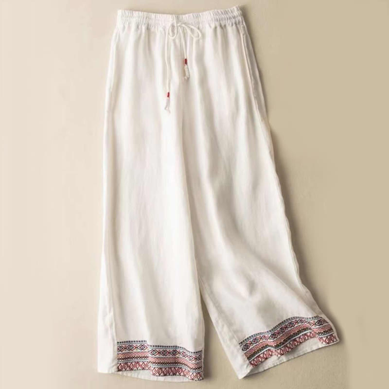 Buddha Stones Plain Bohemian Stripes Women's Wide Leg Cotton Pants With Pockets - White - US14，UK/AU18，EU46 (4XL) - image 3