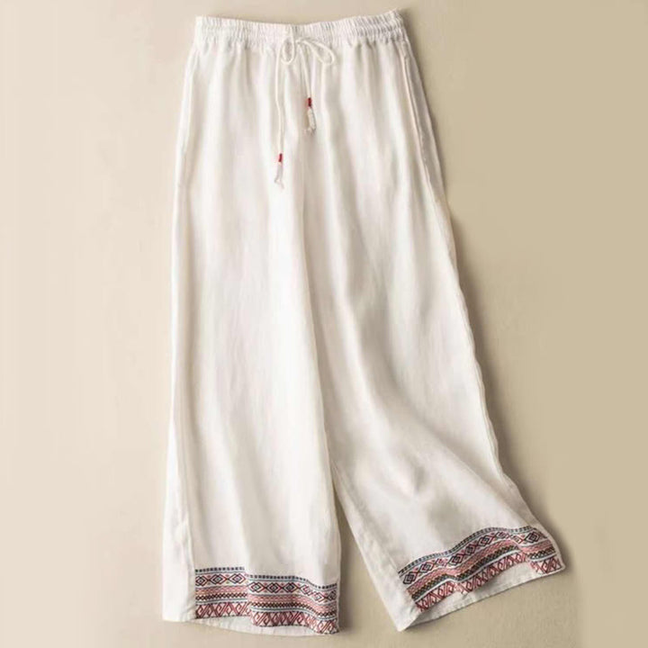 Buddha Stones Plain Bohemian Stripes Women's Wide Leg Cotton Pants With Pockets - White - US14，UK/AU18，EU46 (4XL) - image 3