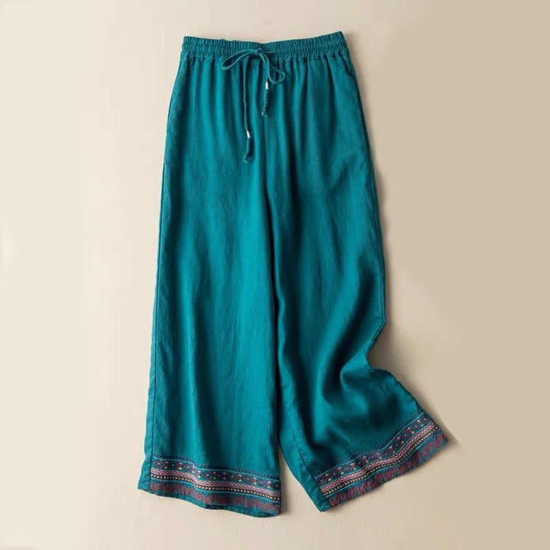 Buddha Stones Plain Bohemian Stripes Women's Wide Leg Cotton Pants With Pockets - DarkCyan - US14，UK/AU18，EU46 (4XL) - image 0