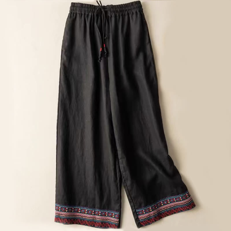 Buddha Stones Plain Bohemian Stripes Women's Wide Leg Cotton Pants With Pockets - Black - US14，UK/AU18，EU46 (4XL) - image 2