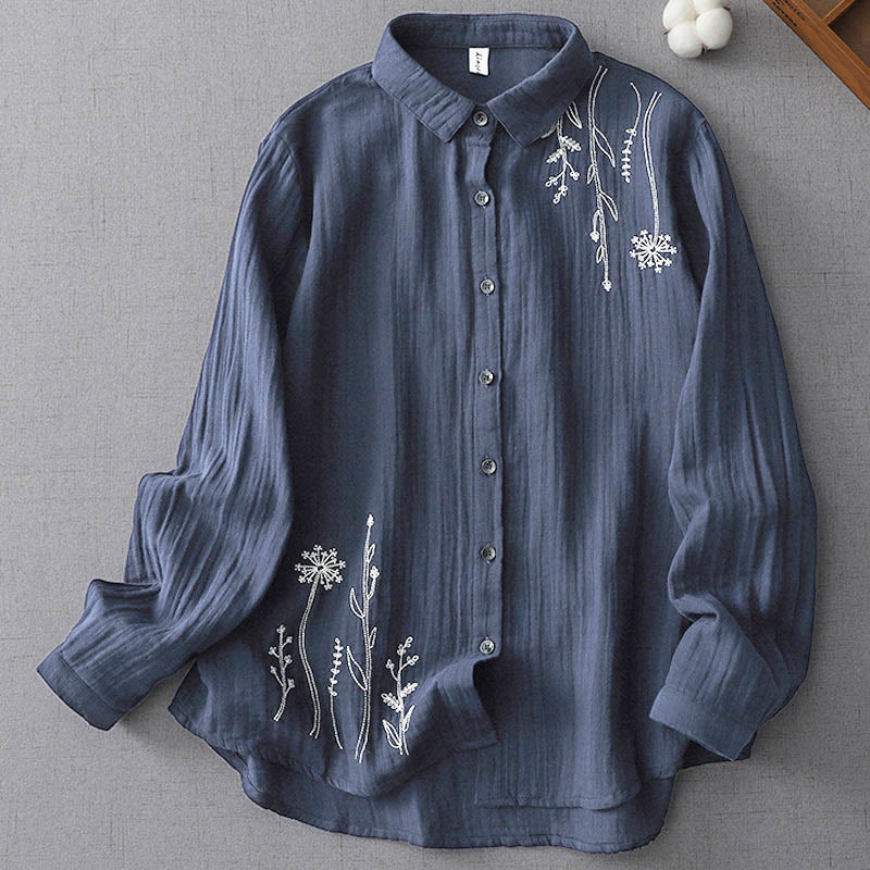 Buddha Stones Fall Dandelion Flower Buttons Long Sleeve Women's Cotton Shirt - SteelBlue - US14，UK/AU18，EU46 (3XL) - image 4