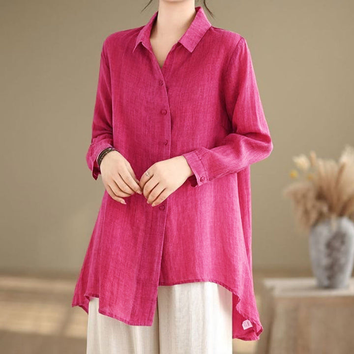 Buddha Stones Irregular Design Buttons Long Sleeve Women's Cotton Shirt - HotPink - US12，UK/AU16，EU44 (3XL) - image 6