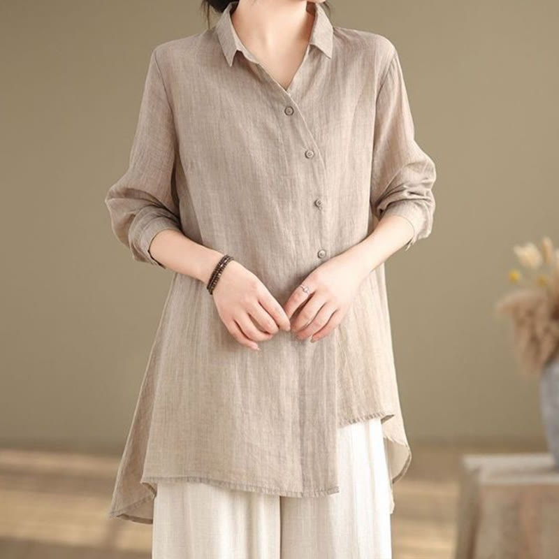 Buddha Stones Irregular Design Buttons Long Sleeve Women's Cotton Shirt - Wheat - US12，UK/AU16，EU44 (3XL) - image 16
