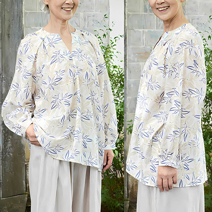 Buddha Stones Blue Beige Flowers Notched Design Long Sleeve Women's Shirt For Older Adults - image 9
