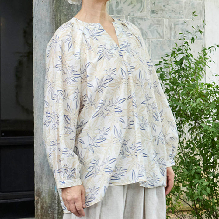 Buddha Stones Blue Beige Flowers Notched Design Long Sleeve Women's Shirt For Older Adults - image 3