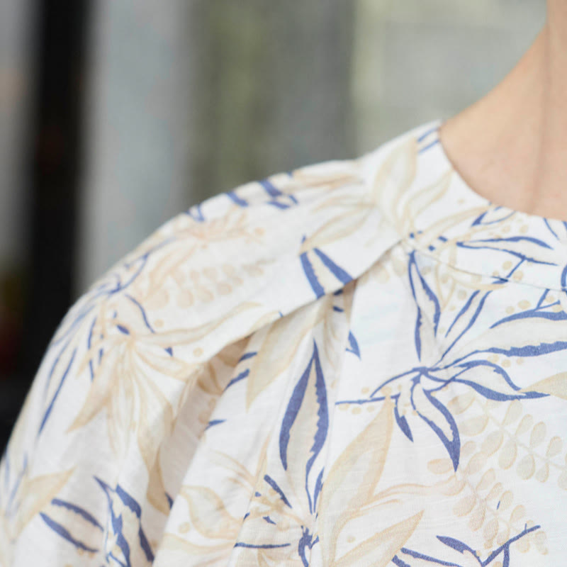 Buddha Stones Blue Beige Flowers Notched Design Long Sleeve Women's Shirt For Older Adults - image 6