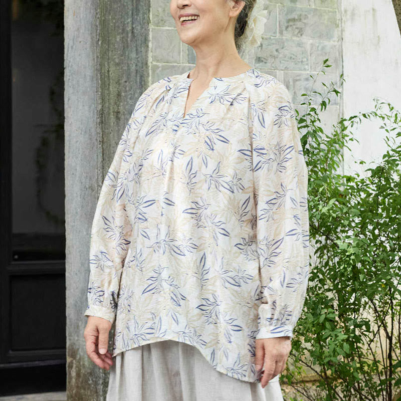 Buddha Stones Blue Beige Flowers Notched Design Long Sleeve Women's Shirt For Older Adults - image 4