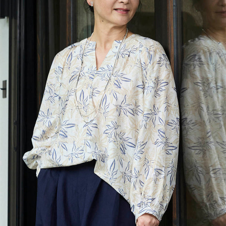 Buddha Stones Blue Beige Flowers Notched Design Long Sleeve Women's Shirt For Older Adults - image 21