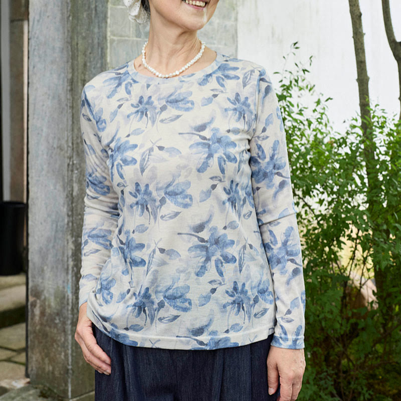 Buddha Stones Fall Blue Floral Women's Long Sleeve T-Shirt  For Older Adults - AliceBlue - US8-10，UK/AU12-14，EU40-42 (2XL) - image 0