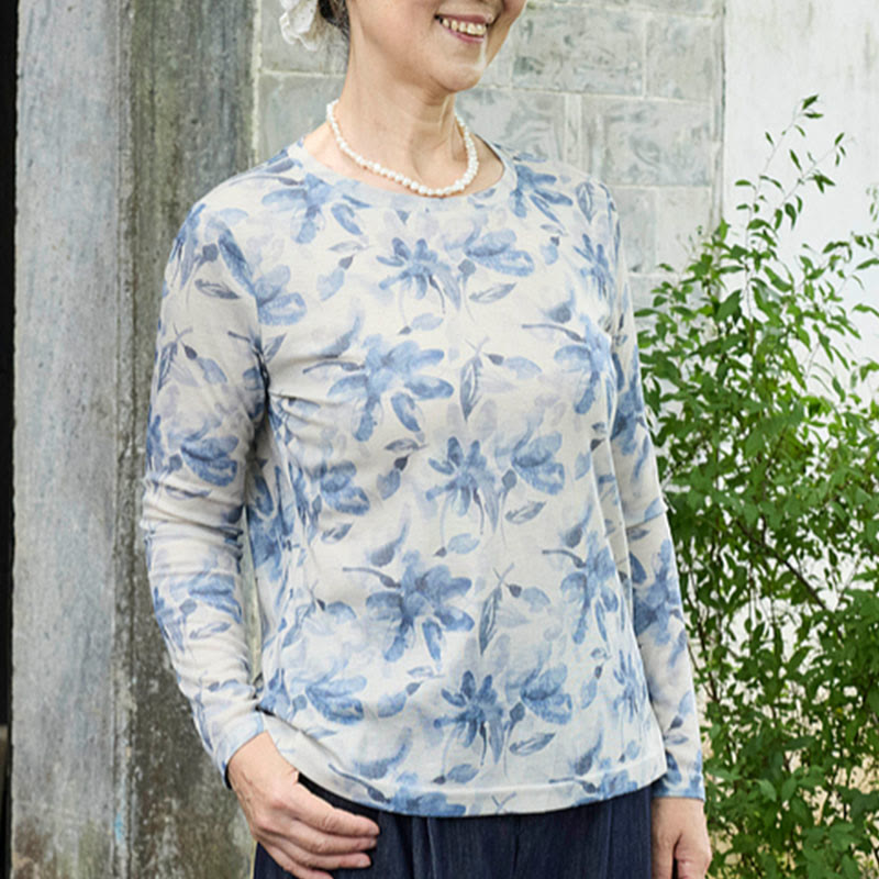 Buddha Stones Fall Blue Floral Women's Long Sleeve T-Shirt  For Older Adults - image 5