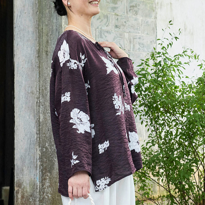 Buddha Stones Black Floral Flowers Lace-Up Buttons Long Sleeve Women's Shirt For Older Adults - image 3