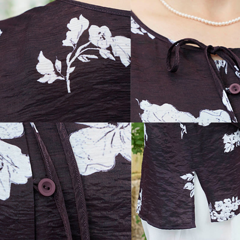 Buddha Stones Black Floral Flowers Lace-Up Buttons Long Sleeve Women's Shirt For Older Adults - image 7