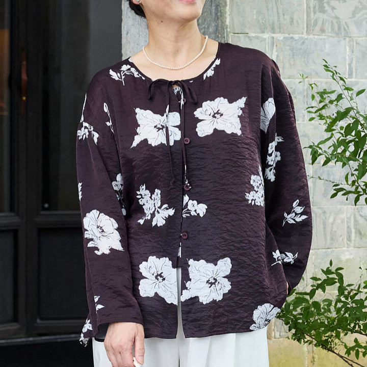 Buddha Stones Black Floral Flowers Lace-Up Buttons Long Sleeve Women's Shirt For Older Adults - Black - US14，UK/AU18，EU46 (2XL) - image 0