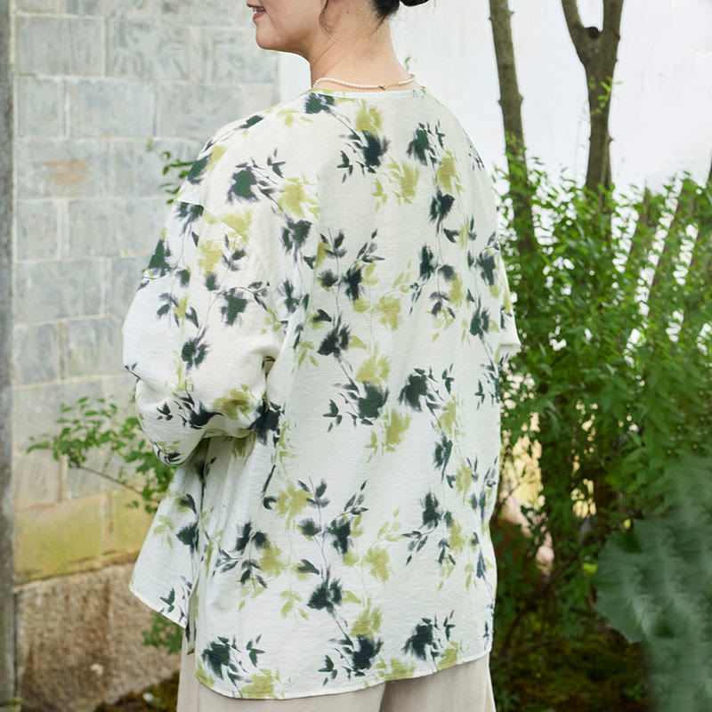 Buddha Stones Green Floral Leaves Lace-Up Buttons Long Sleeve Women's Shirt For Older Adults - image 4