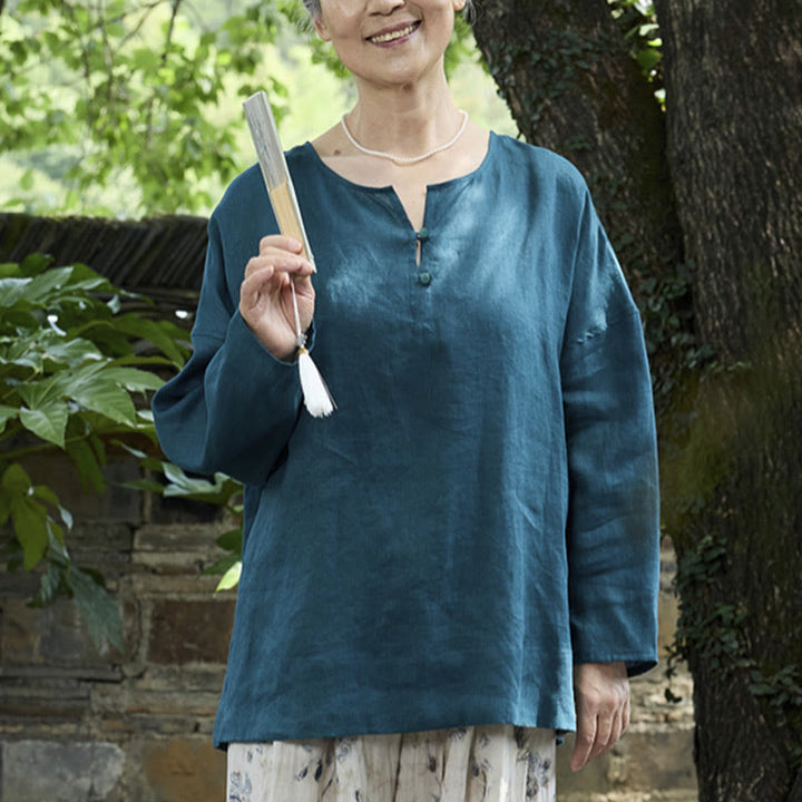 Buddha Stones Solid Color Linen Long Sleeve Women's Shirt For Older Adults - image 4