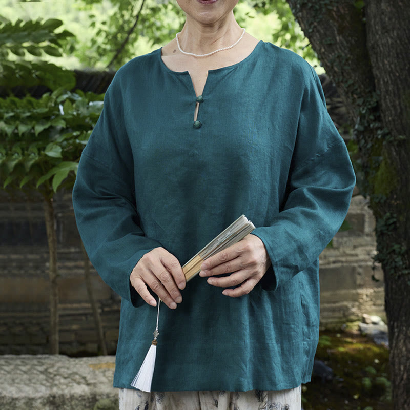 Buddha Stones Solid Color Linen Long Sleeve Women's Shirt For Older Adults - Teal - US14，UK/AU18，EU46 (2XL) - image 0