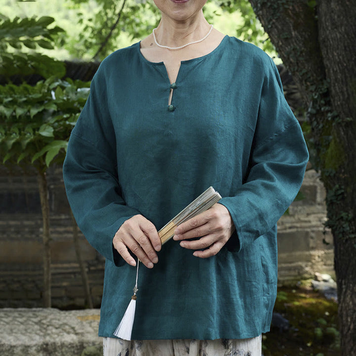 Buddha Stones Solid Color Linen Long Sleeve Women's Shirt For Older Adults - Teal - US14，UK/AU18，EU46 (2XL) - image 0