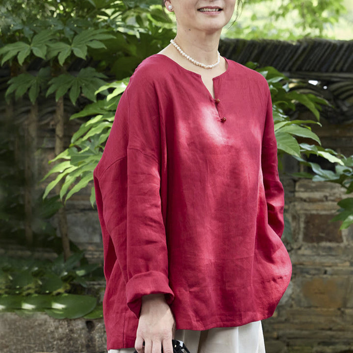 Buddha Stones Solid Color Linen Long Sleeve Women's Shirt For Older Adults - Crimson - US14，UK/AU18，EU46 (2XL) - image 15