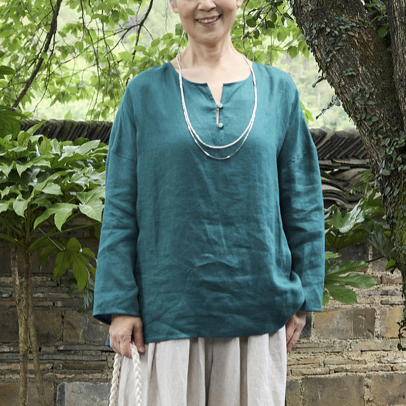 Buddha Stones Solid Color Linen Long Sleeve Women's Shirt For Older Adults - image 1