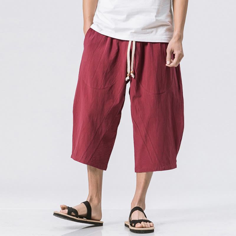 Buddha Stones Summer Casual Simple Plain Design 7-8 Length Men's Drawstring Pants With Pockets - Crimson - US/UK/AU46，EU56 (5XL) - image 4
