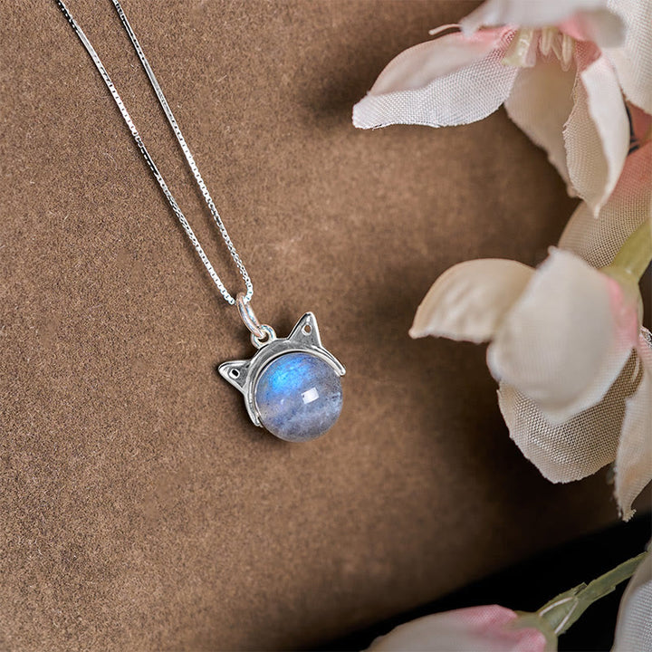 Buddha Stones 925 Sterling Silver Moonstone Cat Healing Necklace Pendant - image 2