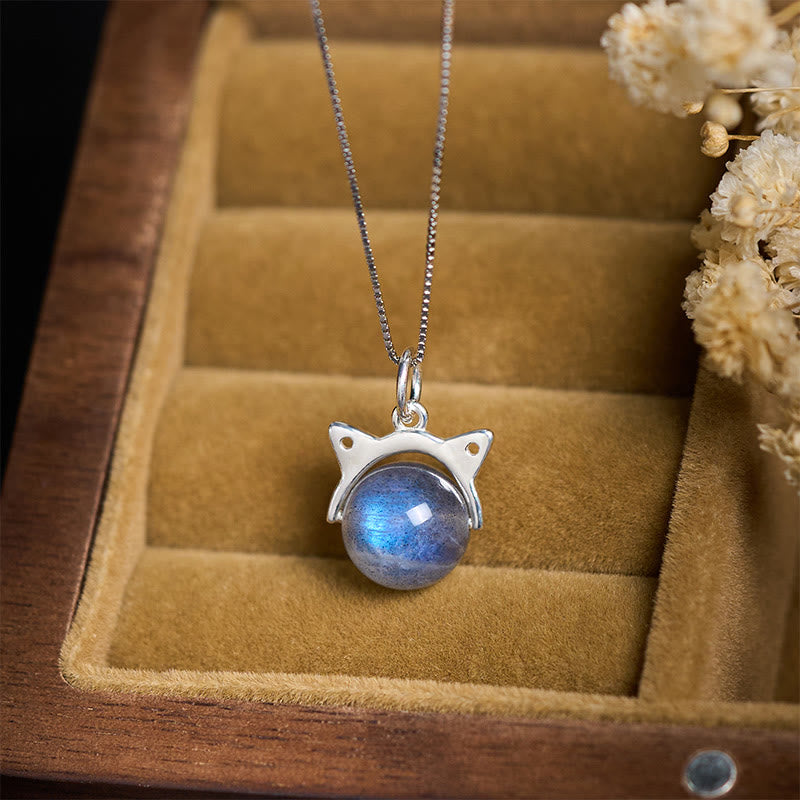 Buddha Stones 925 Sterling Silver Moonstone Cat Healing Necklace Pendant - image 1