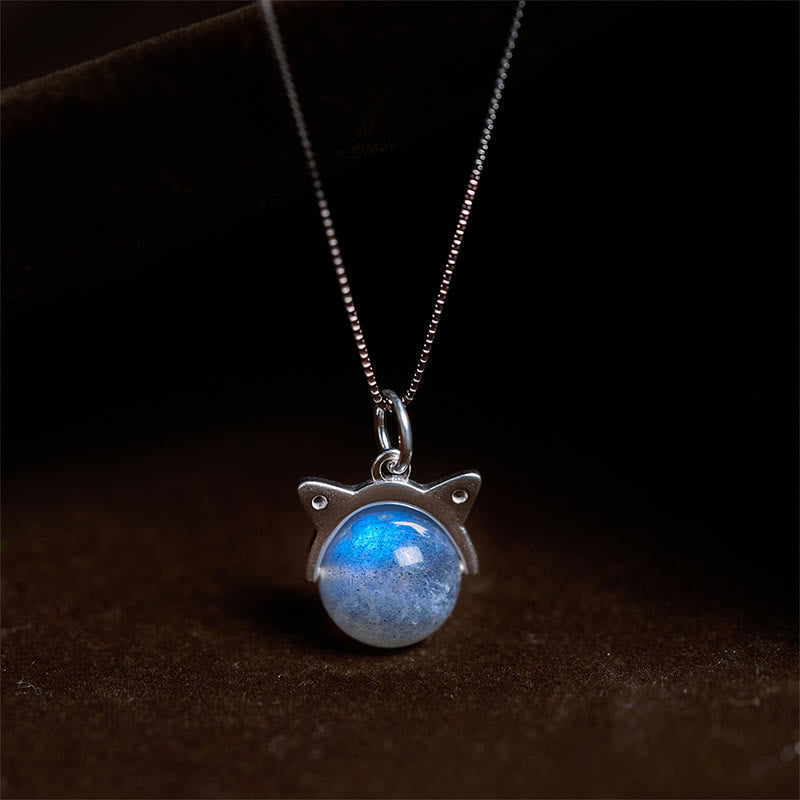 Buddha Stones 925 Sterling Silver Moonstone Cat Healing Necklace Pendant - 10mm+0.8mm Chain - image 0