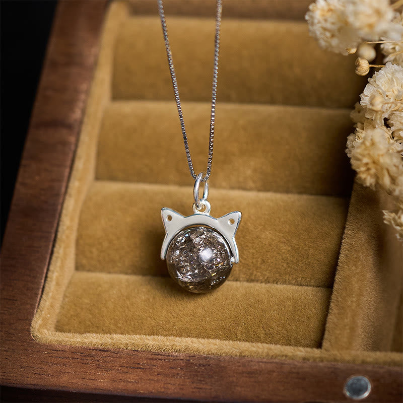 Buddha Stones 925 Sterling Silver Natural Black Super Seven Crystal Cat Necklace Pendant - image 1