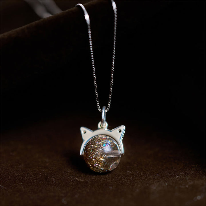 Buddha Stones 925 Sterling Silver Natural Black Super Seven Crystal Cat Necklace Pendant - 10mm+0.8mm Chain - image 0