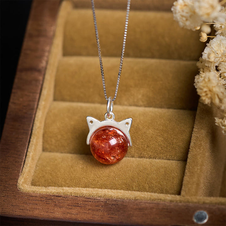 Buddha Stones 925 Sterling Silver Natural Red Super Seven Crystal Cat Necklace Pendant - image 1