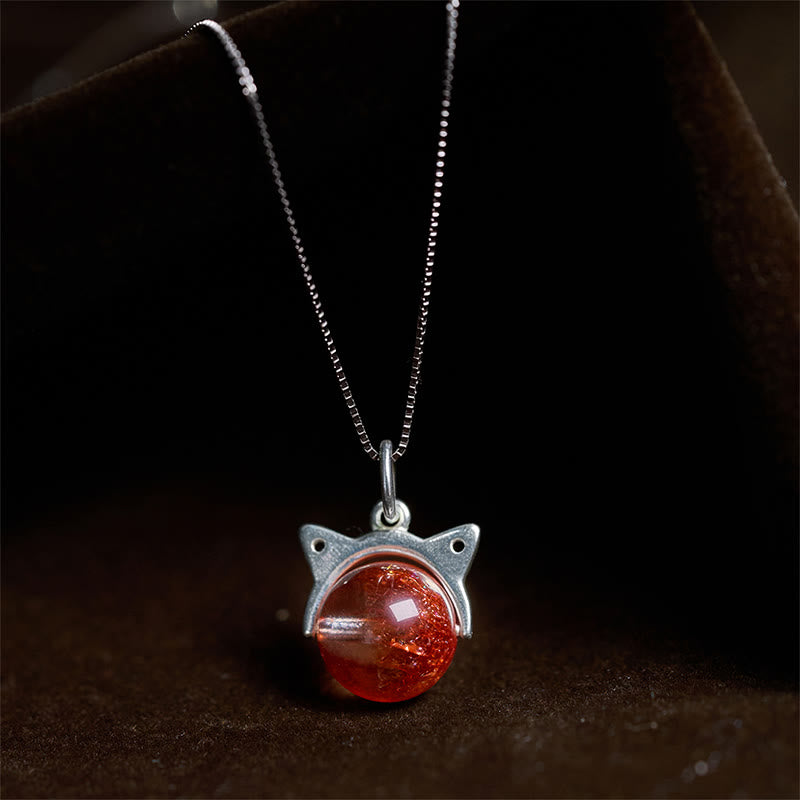 Buddha Stones 925 Sterling Silver Natural Red Super Seven Crystal Cat Necklace Pendant - 10mm+0.8mm Chain - image 0