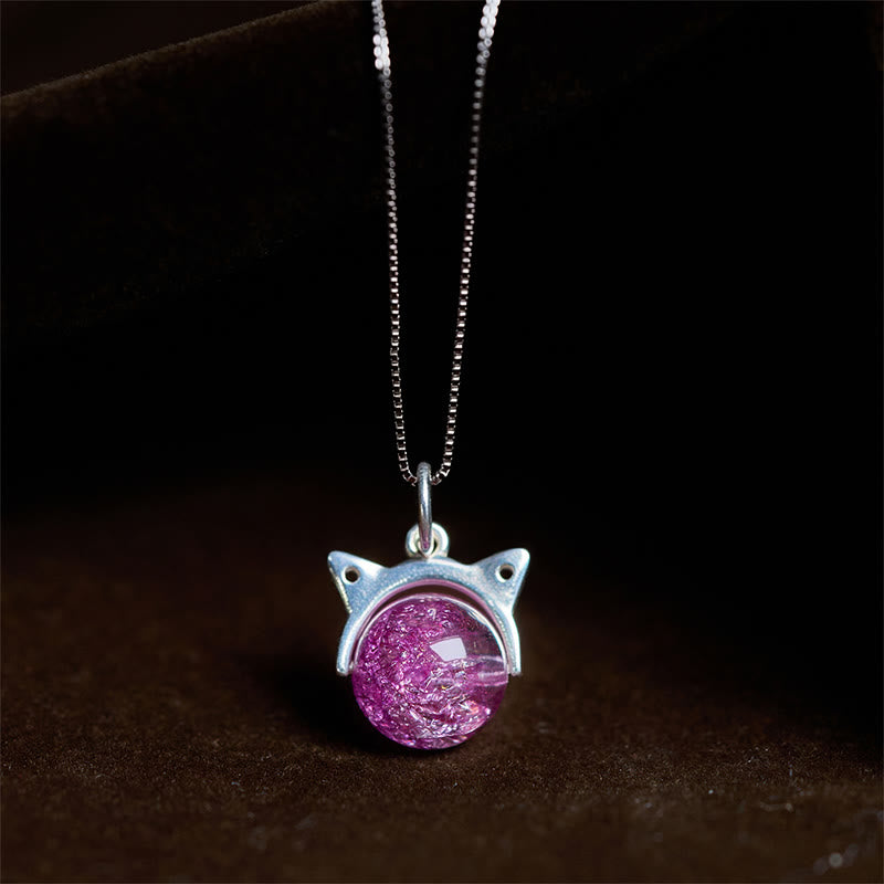 Buddha Stones 925 Sterling Silver Natural Light Purple Fireworks Super Seven Crystal Cat Necklace Pendant - 10mm+0.8mm Chain - image 0