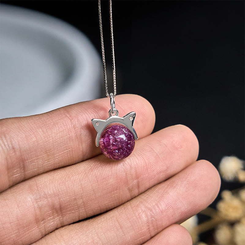Buddha Stones 925 Sterling Silver Natural Light Purple Fireworks Super Seven Crystal Cat Necklace Pendant - image 4