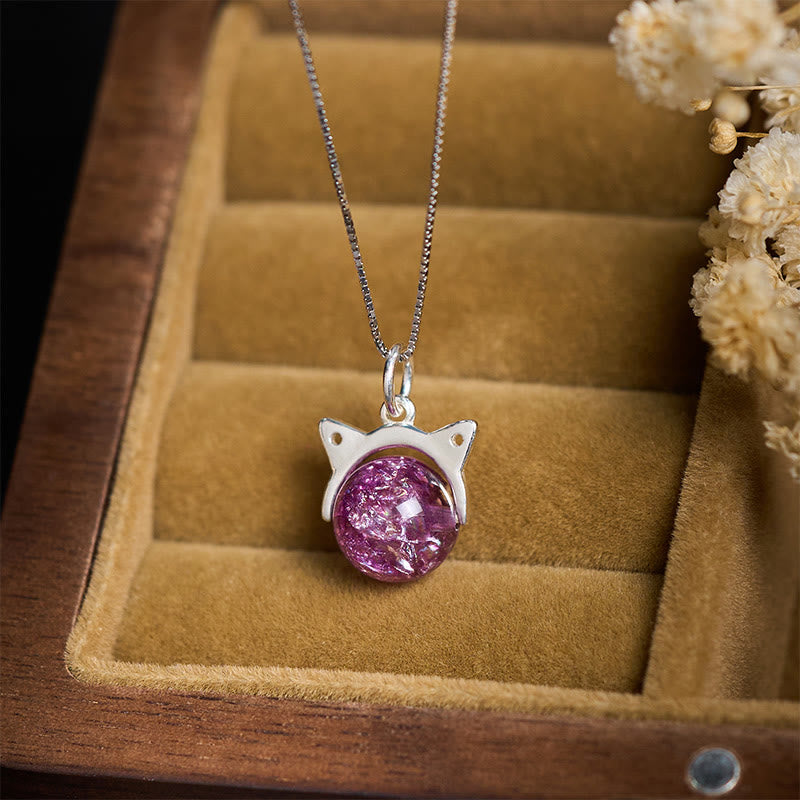 Buddha Stones 925 Sterling Silver Natural Light Purple Fireworks Super Seven Crystal Cat Necklace Pendant - image 1