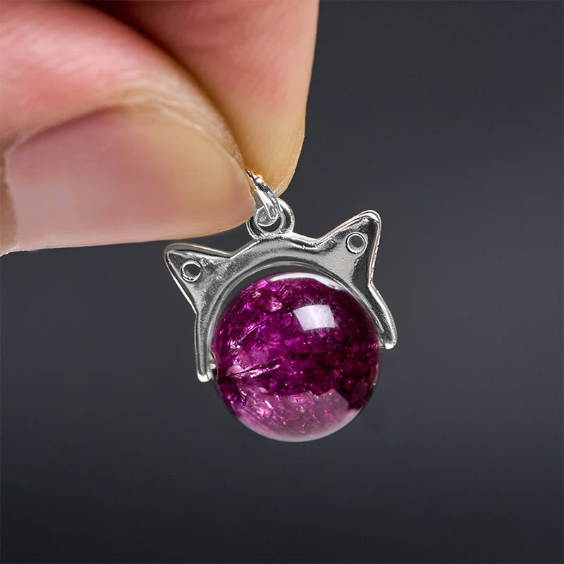 Buddha Stones 925 Sterling Silver Natural Deep Purple Fireworks Super Seven Crystal Cat Necklace Pendant - image 5