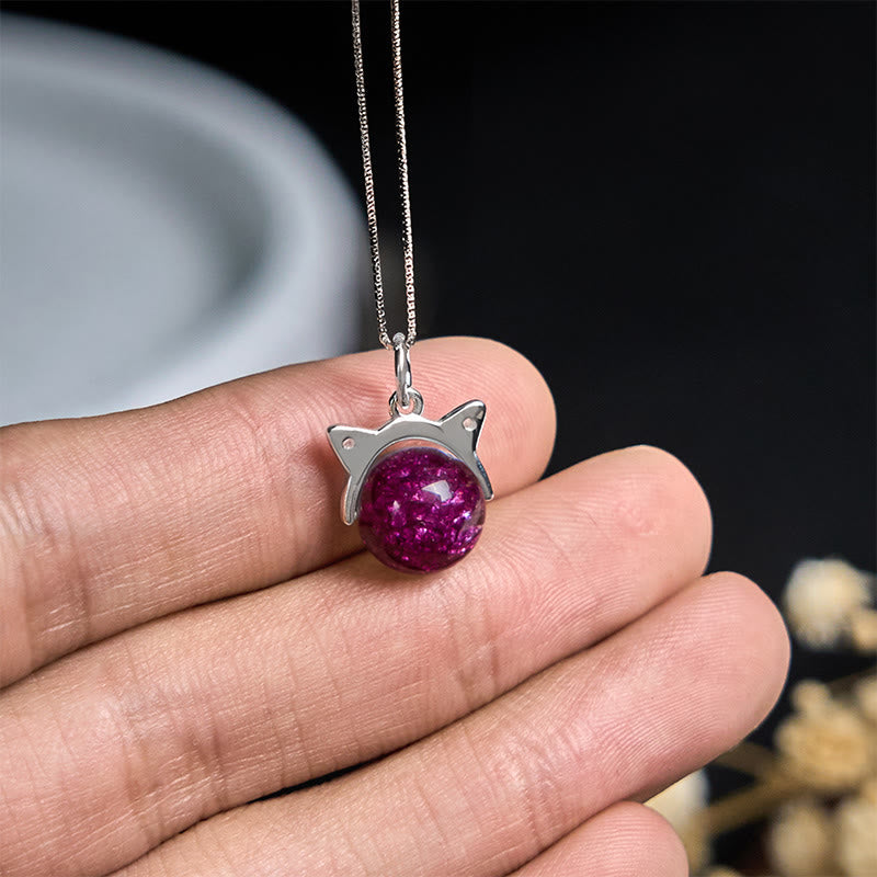 Buddha Stones 925 Sterling Silver Natural Deep Purple Fireworks Super Seven Crystal Cat Necklace Pendant - image 4
