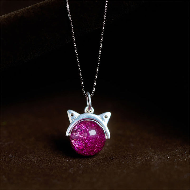Buddha Stones 925 Sterling Silver Natural Deep Purple Fireworks Super Seven Crystal Cat Necklace Pendant - 10mm+0.8mm Chain - image 0